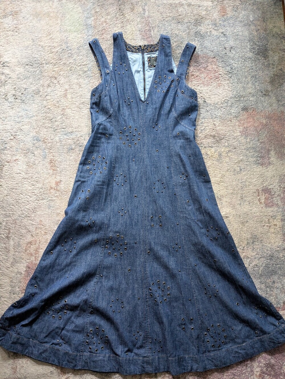 Anthropologie Dark Blue Denim Maxi Dress with Grommet Details